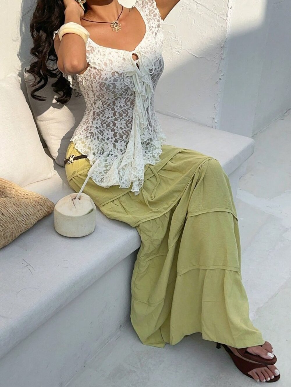 Apricot Casual Women's Ruffle Collar Asymmetric Tie-Up Sheer Lace Top - Picture 4 of 8